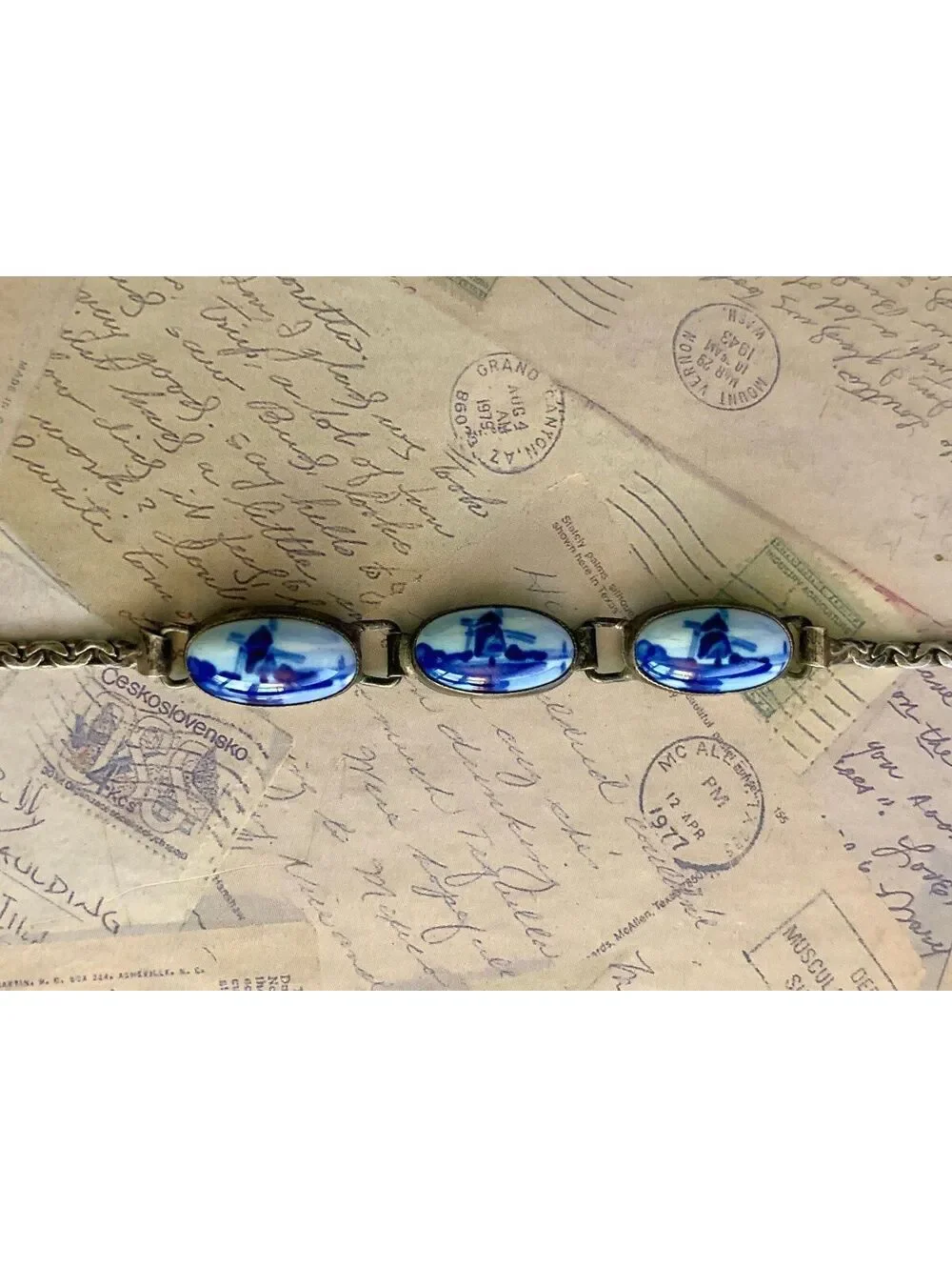 Vintage Dutch Holland Hand-Painted Delft Ceramic Sterling Silver Bracelet